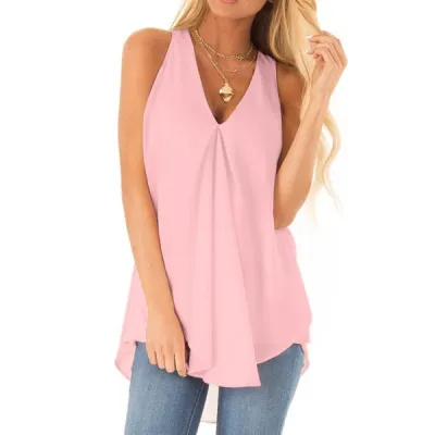 Women Summer Loose Sleeveless Solid Color Chiffon V Neck Tank Top