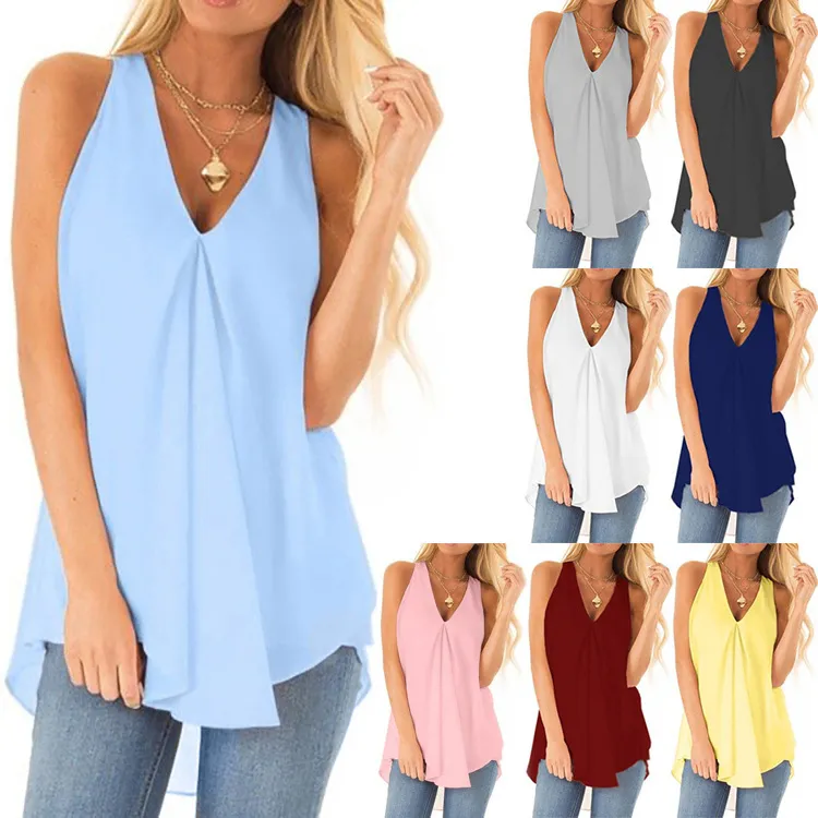 Women Summer Loose Sleeveless Solid Color Chiffon V Neck Tank Top