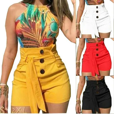 Women Summer Elegant Solid Color High Waist Bandage Loose Shorts
