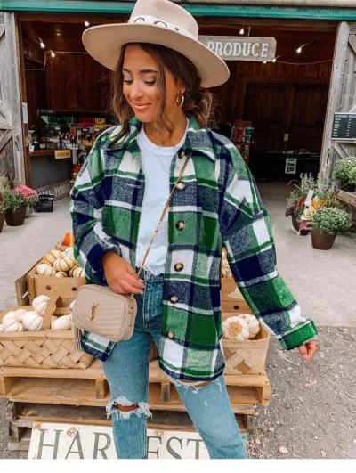 Women Casual Autumn Color Blocking Long-sleeved Single-breasted Lapel Loose Plaid Shacket