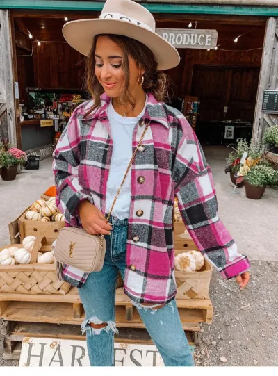 Women Casual Autumn Color Blocking Long-sleeved Single-breasted Lapel Loose Plaid Shacket