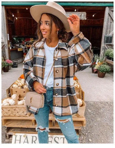 Women Casual Autumn Color Blocking Long-sleeved Single-breasted Lapel Loose Plaid Shacket