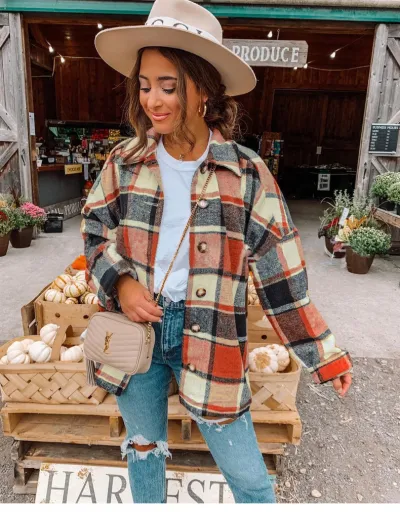 Women Casual Autumn Color Blocking Long-sleeved Single-breasted Lapel Loose Plaid Shacket