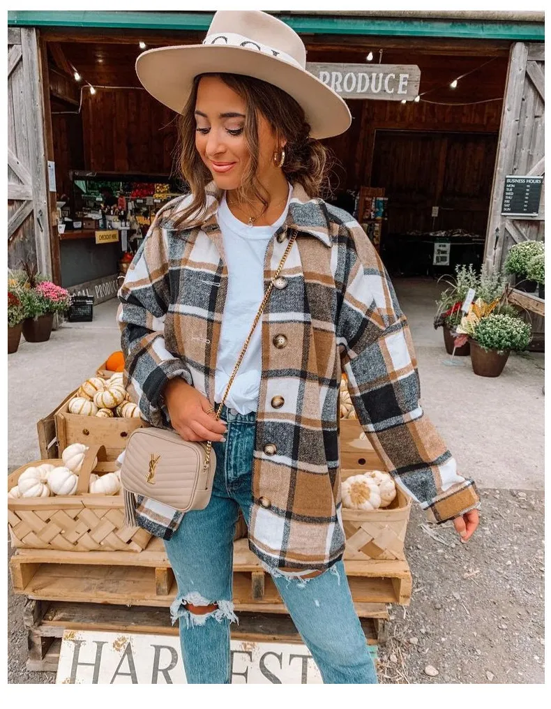 Women Casual Autumn Color Blocking Long-sleeved Single-breasted Lapel Loose Plaid Shacket