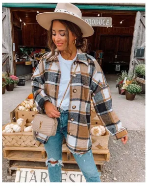 Women Casual Autumn Color Blocking Long-sleeved Single-breasted Lapel Loose Plaid Shacket