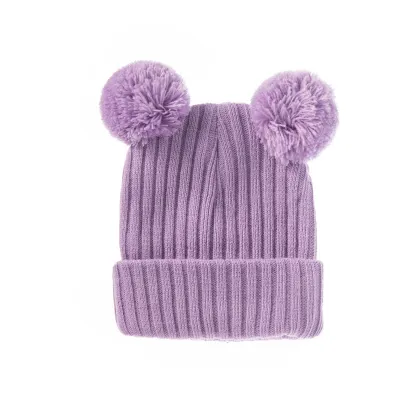 Kids Basic Solid Color Double Pompon Woolen Warm Dome Hat