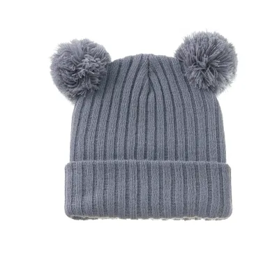 Kids Basic Solid Color Double Pompon Woolen Warm Dome Hat