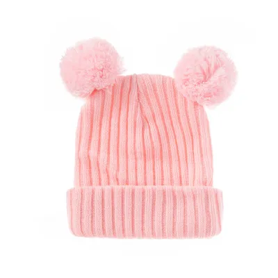 Kids Basic Solid Color Double Pompon Woolen Warm Dome Hat