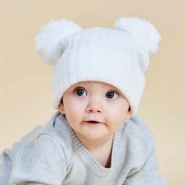 Kids Basic Solid Color Double Pompon Woolen Warm Dome Hat