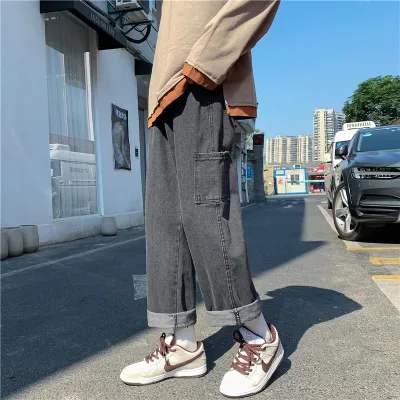 Men Fashion Casual Personality Ribbon Straight Ripped Jeans