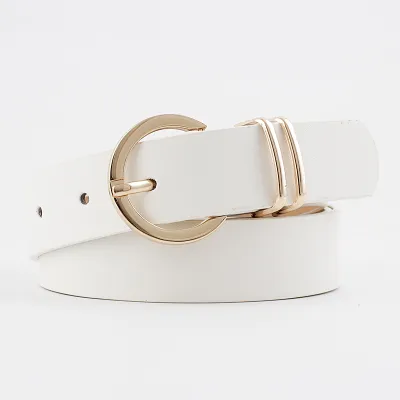 Women Simple Metal Buckle Design Solid Color PU Belt