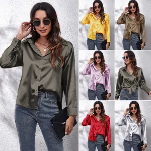 Women Elegant Satin Single-Breasted Solid Color Long-sleeved Blouse