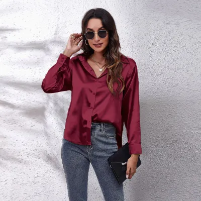 Women Elegant Satin Single-Breasted Solid Color Long-sleeved Blouse