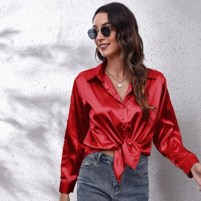 Women Elegant Satin Single-Breasted Solid Color Long-sleeved Blouse