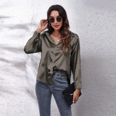 Women Elegant Satin Single-Breasted Solid Color Long-sleeved Blouse