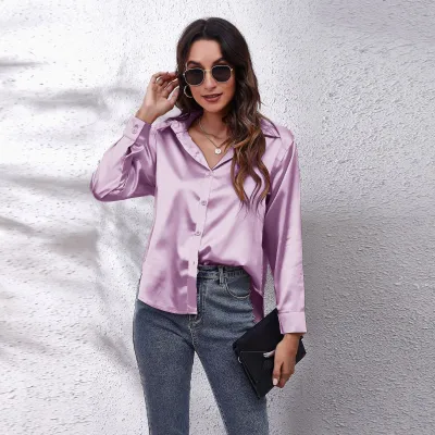 Women Elegant Satin Single-Breasted Solid Color Long-sleeved Blouse
