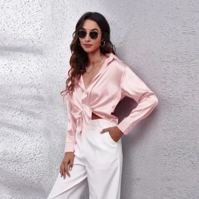 Women Elegant Satin Single-Breasted Solid Color Long-sleeved Blouse