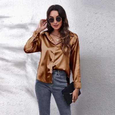 Women Elegant Satin Single-Breasted Solid Color Long-sleeved Blouse