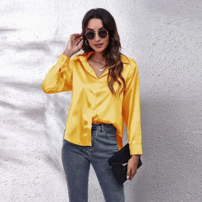 Women Elegant Satin Single-Breasted Solid Color Long-sleeved Blouse