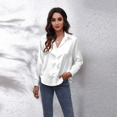 Women Elegant Satin Single-Breasted Solid Color Long-sleeved Blouse
