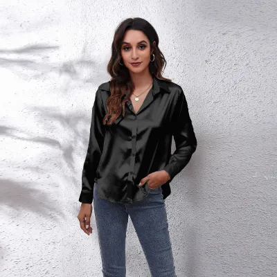 Women Elegant Satin Single-Breasted Solid Color Long-sleeved Blouse