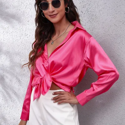 Women Elegant Satin Single-Breasted Solid Color Long-sleeved Blouse