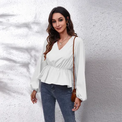 Women Elegant Satin Chiffon Blouse with Lantern Sleeves and V-Neck