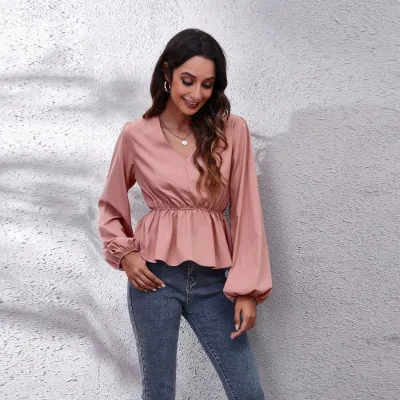 Women Elegant Satin Chiffon Blouse with Lantern Sleeves and V-Neck
