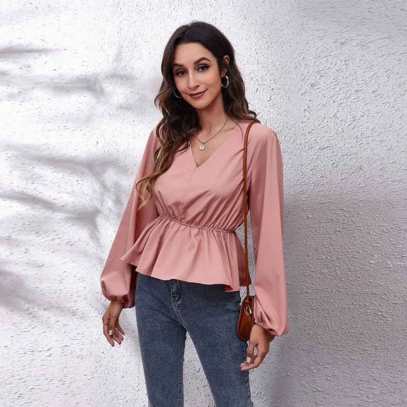 Women Elegant Satin Chiffon Blouse with Lantern Sleeves and V-Neck