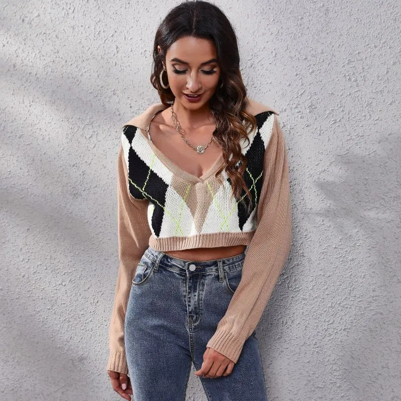 Women Spring Casual Color Blocking V Neck Long Sleeve Plaid Crop Sweater