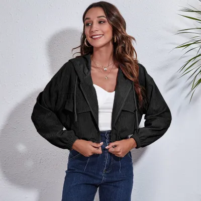 Women Autumn Casual Hoodie Corduroy Loose Long-sleeved Solid Color Crop Shacket