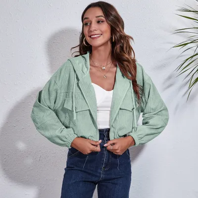 Women Autumn Casual Hoodie Corduroy Loose Long-sleeved Solid Color Crop Shacket