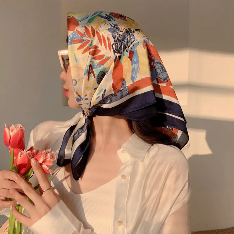 Women Vintage Color Blocking Square Silk Scarf