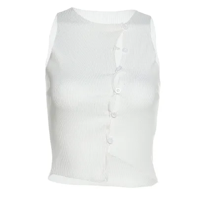 Women Edgy Solid Color Crew Neck Sleeveless Rib Knit Crop Tank Top
