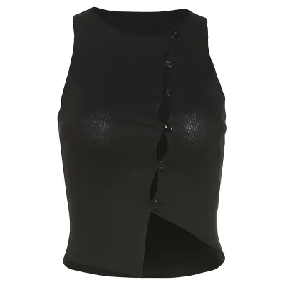 Women Edgy Solid Color Crew Neck Sleeveless Rib Knit Crop Tank Top