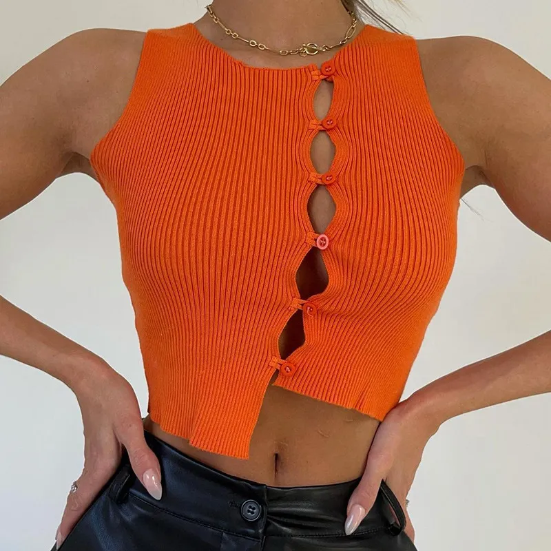 Women Edgy Solid Color Crew Neck Sleeveless Rib Knit Crop Tank Top