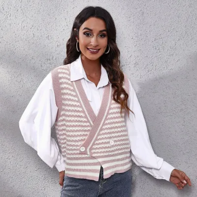Women Elegant Edgy Stripe Sleeveless Knitted Cardigan Vest