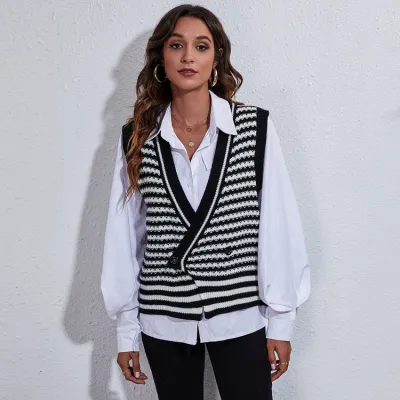 Women Elegant Edgy Stripe Sleeveless Knitted Cardigan Vest