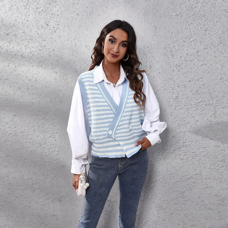 Women Elegant Edgy Stripe Sleeveless Knitted Cardigan Vest