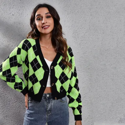 Women Edgy Color Blocking Plaid Long Sleeve V Neck Knitted Cardigan