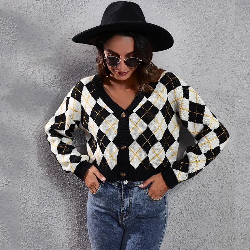 Women Edgy Color Blocking Plaid Long Sleeve V Neck Knitted Cardigan