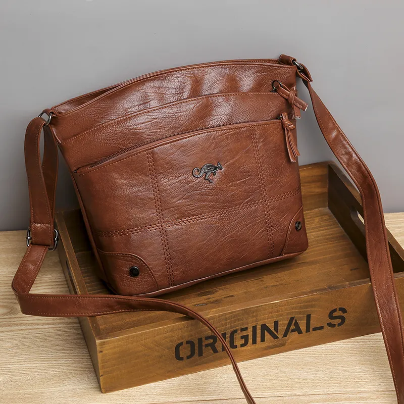 Women Vintage Multi Pocket PU Solid Color Large Capacity Shoulder Bag