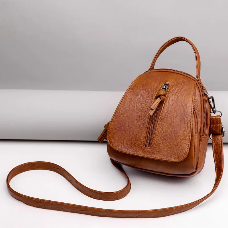 Women Vintage Zipper Design Solid Color PU Crossbody Bag Shoulder Tote Handbag
