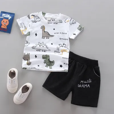Baby Boys Cute Round Neck Short-sleeved Dinosaur Pattern T-shirt And Shorts Set