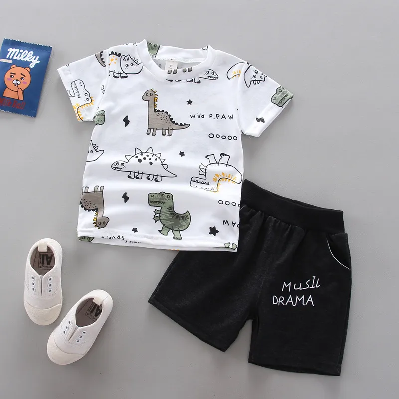 Baby Boys Cute Round Neck Short-sleeved Dinosaur Pattern T-shirt And Shorts Set
