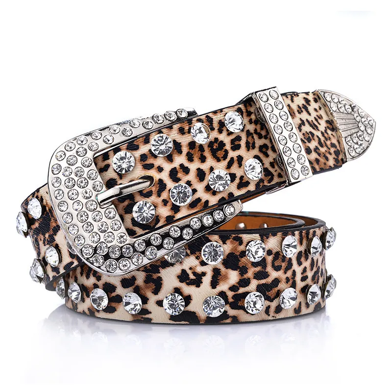 Women Vintage Rhinestone Design Leopard Printed All-match PU Belt