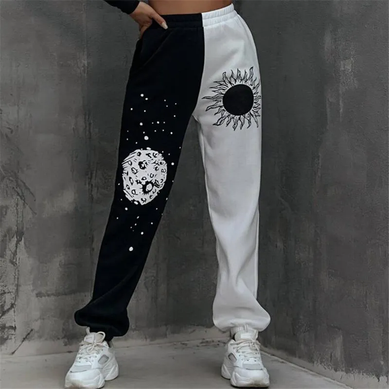 Women Edgy Autumn Color Blocking Graphic Printed Sweatpants Joggers