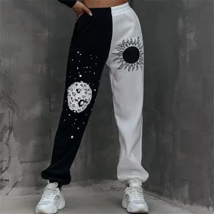 Women Edgy Autumn Color Blocking Graphic Printed Sweatpants Joggers