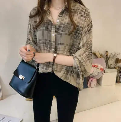 Women Spring Color Blocking Loose Plaid Single-breasted Long Sleeve Blouse Shacket