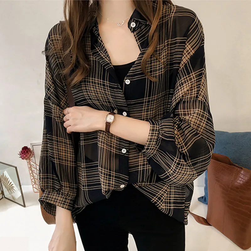 Women Spring Color Blocking Loose Plaid Single-breasted Long Sleeve Blouse Shacket
